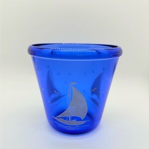 Vtg Hazel‎ Atlas Cobalt Glass Sportsman Series Ships or Sailboat Ice Bowl/Bucket
